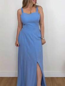 女士优雅无袖长款收腰连衣裙，夏季 - 藍色 - 查看 7