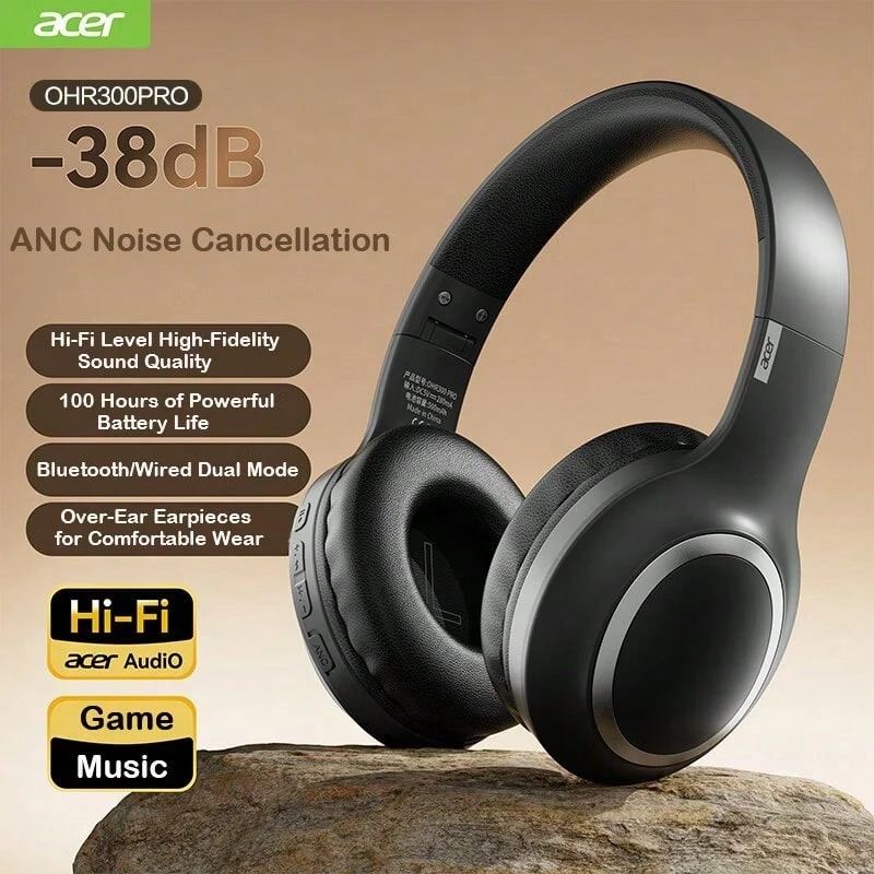 Acer OHR300 PRO All-In-One Portable Headphones: Telescopic, Adjustable, And Foldable Design; Bluetooth 5.4 Stable Wireless Connection; Triple Mode Active Noise Cancellation; 80-Hour Battery Life; Black - Black - View 1