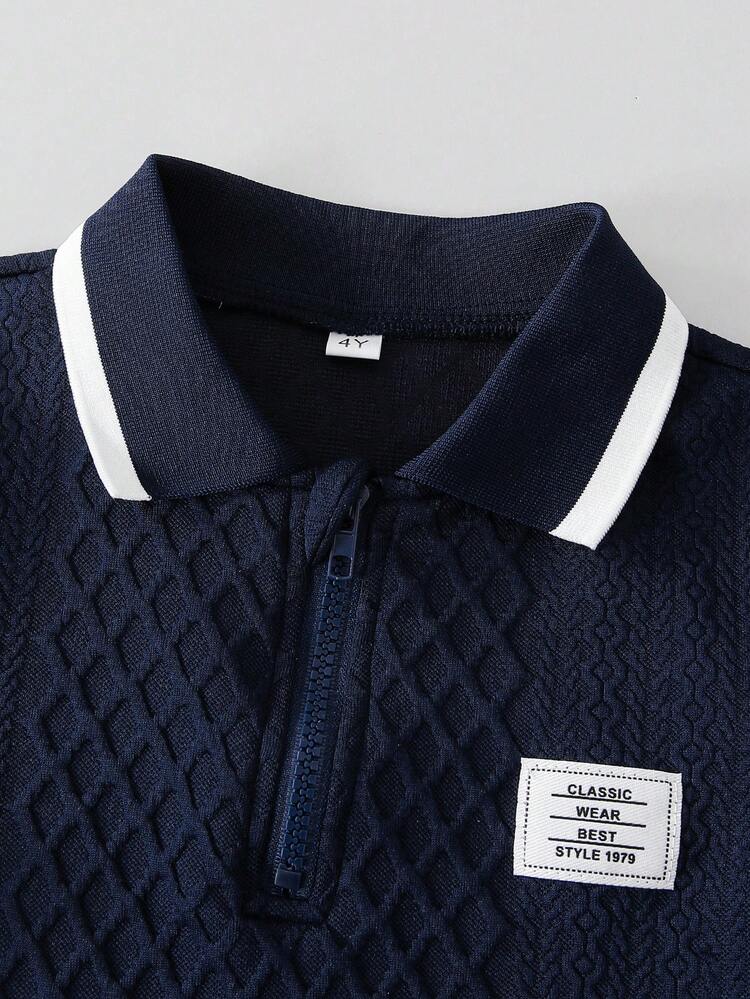 2pcs/Set Young Boy Casual Striped Jacquard Applique Ribbed Short Sleeve Polo T-Shirt And Shorts Set, Suitable For Summer Casual Outings - Navy Blue - View 3