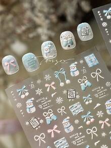 1片冬日梦幻雪人蝴蝶结美甲贴纸，美甲师必备，3D立体压纹箔片设计，卡通雪人和雪花美甲装饰，美甲用品，自粘可重复使用美甲贴纸，女士礼物，美甲护理，优雅美甲配饰礼品 - 淺藍色 - 查看 3