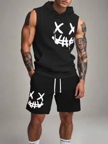 男士休闲百搭印花元素连帽背心短裤套装，春夏款 - 黑色 - 查看 2