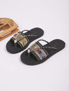 2026夏季女士波西米亚复古黑金提花人字拖，镂空水钻搭扣和编织鞋底，完美适用于度假、海滩、约会和日常通勤。 - 花黑色 - 查看 9
