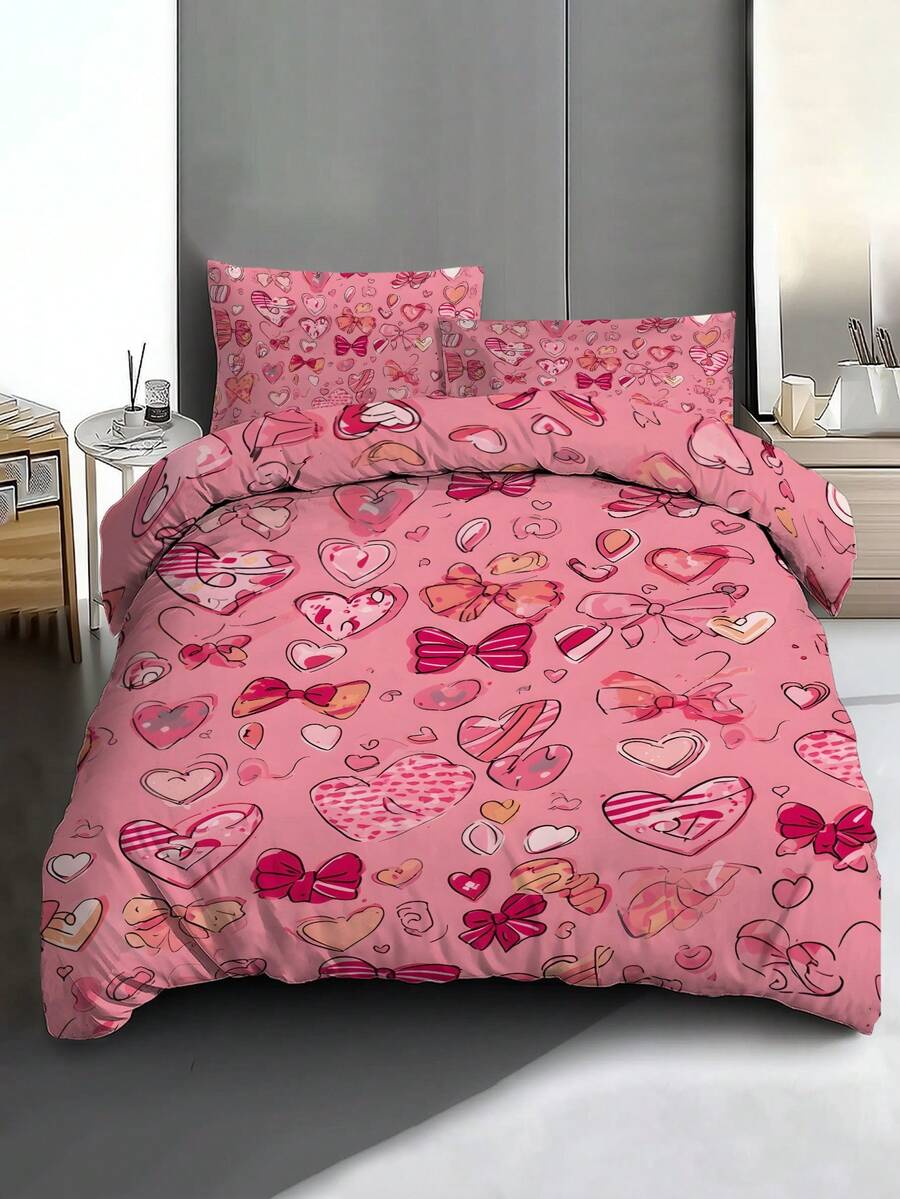 2/3 PCS Valentine's Day Printed Love Heart Bow Tie Bed Cover Set - Three-Piece Set For Sweet And Cool Girl's Bedroom Bed And Bedding (1 Bed Cover + 1/2 Pillowcase Without Pillow Core), Suitable For Teenagers And Adults, Providing All-Season Warmth, Soft And Breathable Lightweight Bed Cover. Suitable For Giving As Gifts On Housewarming, Birthday, Festivals, Etc., As Well As As A Gift Between Boyfriends And Girlfriends.