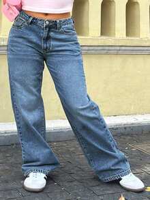 Quần jeans nữ ống đứng cạp trung - Chất liệu denim cổ điển không co giãn, kiểu dáng thường ngày đa năng. - Rửa tối - Xem 4