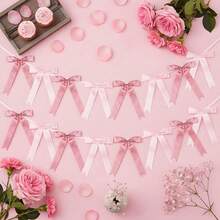 Pink Bow Floral Garland Decor, Pre-Strung Ribbon Hanging Ornament, Suitable For Birthday Party, Baby Shower, Wedding Party And Other Bow-Themed Events - Multicolor - View 9