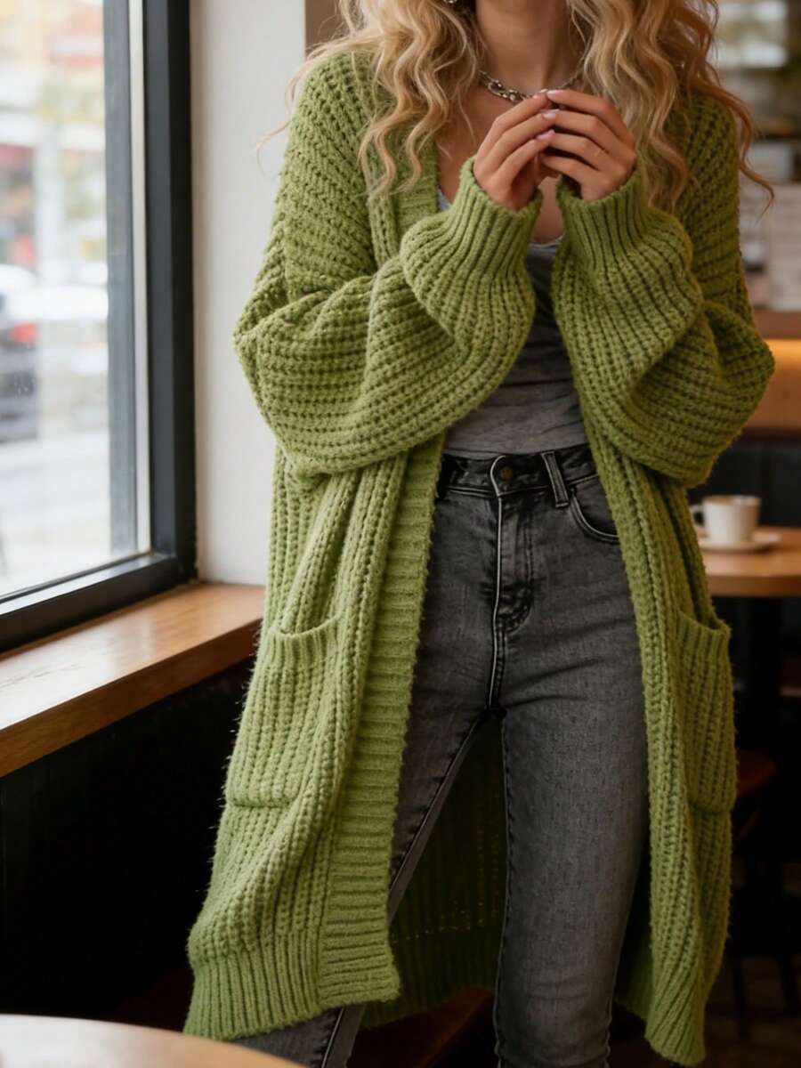 秋冬欧式时尚休闲口袋针织开衫女宽松纯色优雅长袖大码中长款开衫