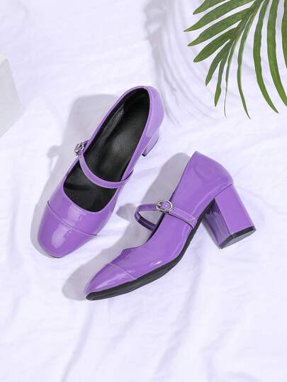 2026 Spring/Summer Elegant Glossy Light Purple Square Toe Chunky High Heel Patent Leather Mary Jane Pumps, Suitable For Valentine's Day, Graduation Season, Festival, Commuting, Dating, Shopping, Parties, Afternoon Tea, Hangouts, Everyday Wear, Campus, Travel, Photography