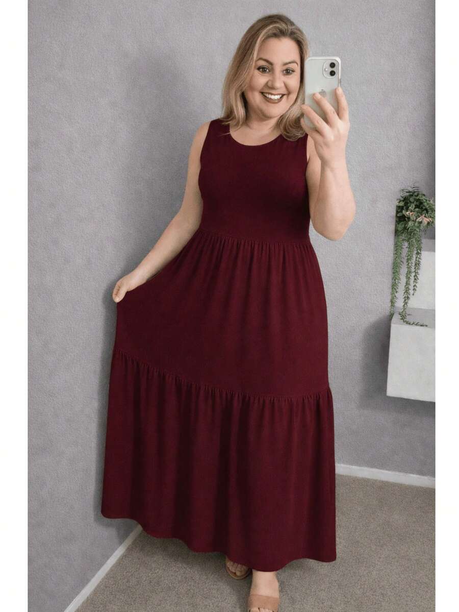Women's Lia Dress With Ruffles, Plus Size And Slim Fit, 2 Tiered Style, Long, Viscose/Lycra Knit, Comfortable, Lightweight And Flowy, Perfect For Winter And Summer, Christmas And New Year's Eve. - Màu Đỏ Sâu - Xem 1
