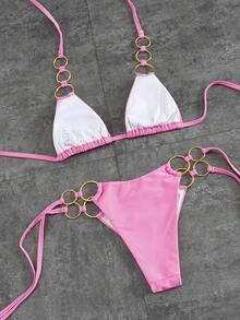 Sexy & Fashionable Summer Bikini Set - Neon Pink Triangle Top And Low-Waist Bottoms With Gold Metal Rings And Adjustable Ties | Women's Beach Swimming Holiday Swimwear Vacation - Pink - View 5