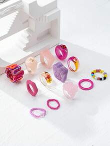 13pcs/Set Asymmetrical Multi-Element Pink Series Rings, Gentle & Elegant Party Rings Set For Women, Suitable For Mother's Day, Valentine's Day, Daily Wear (Random Color) - Hot Pink - View 3