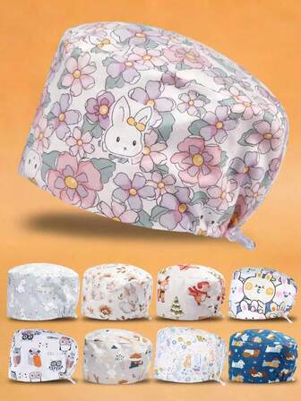 1pc Polyester Cartoon Rabbit Print Adjustable Women Cap, Suitable For Office, Pet Shop, Nursing Home, All Seasons