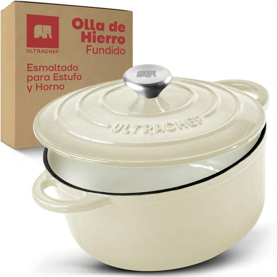 mhjULTRACHEF Olla de Hierro Fundido Esmaltado para Estufa y Horno Horno Holandés Cubierto de Hierro Fundido Dutch Oven Redonda Tamaño 24 cm Capacidad 3.8 Litros Cremasleeping Bags - 219759635 - Ver 1
