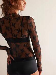 Women's Sheer Lace Mesh Top, Fashionable Slim Fit Long Sleeve Faux Collar Floral Blouse, Casual Outing T-Shirt - màu đen - Xem 4