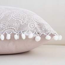 1pc Simple White Cashew Floral Lace Pom Pom Decorative Pillow Cover, 45*45CM Cushion Cover, Modern Minimalist Style, Suitable For Home, Bedroom, Living Room Decor, Sofa Throw Pillow, Holiday Gift (Pillow Insert Not Included) - Multicolor - View 3