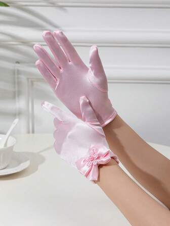 1 双女士蝴蝶结手套，白色，粉色新娘手套，节日戏剧表演，女士正式配饰，复活节派对，舞蹈表演。