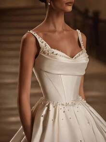 Luxury Pearl Bridal Gown With Train, Exquisite Princess Ball Gown Wedding Dress For Elegant Brides, With Straps, Full Skirt, Suitable For Wedding, Dating, Party, Singles' Party, Vacation, Bride, Formal Occasions, Dinner Dress, Prom Dress, Homecoming Dress, Cocktail Party, Bridal Gown, Wedding Dresses For Bride - 白色 - 查看 2
