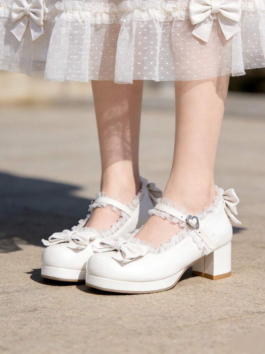 Women Kawaii Block Heel Mary Janes Pumps With Bow Platform Pumps Chunky Heel Cute Lace Sweet Lolita Style Shoes For Girls Students Cosplay Party Dress Wedding Shoes - 白色 - 查看 1