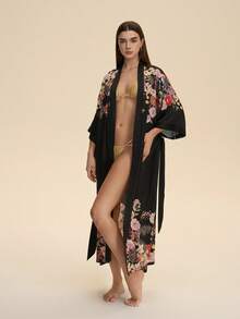 Áo choàng kimono in họa tiết phong cách retro rộng rãi, thanh lịch, thích hợp mặc ở nhà, thắt eo, kiểu dáng thoải mái, đồ ngủ nhẹ nhàng mùa hè, thích hợp mặc ngoài biển, áo tắm. - màu đen - Xem 8