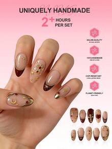 10片法式美甲贴纸，手工杏仁形按压式美甲贴，亚克力假指甲贴纸，DIY美甲贴纸套装，Y2K复古风格，3D十字心月装饰，镀金艺术设计，镶嵌白色珍珠/宝石，表面光滑，全覆盖假指甲，可重复使用，适用于美甲沙龙、女孩和女士日常美甲、节日派对和礼物、夏季美甲配饰。送给女孩的礼物。 - 彩色 - 查看 5