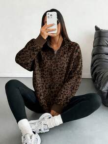 Plus Size Women Leopard Print Half Zip Loose Sweatshirt - Rust Brown - View 4