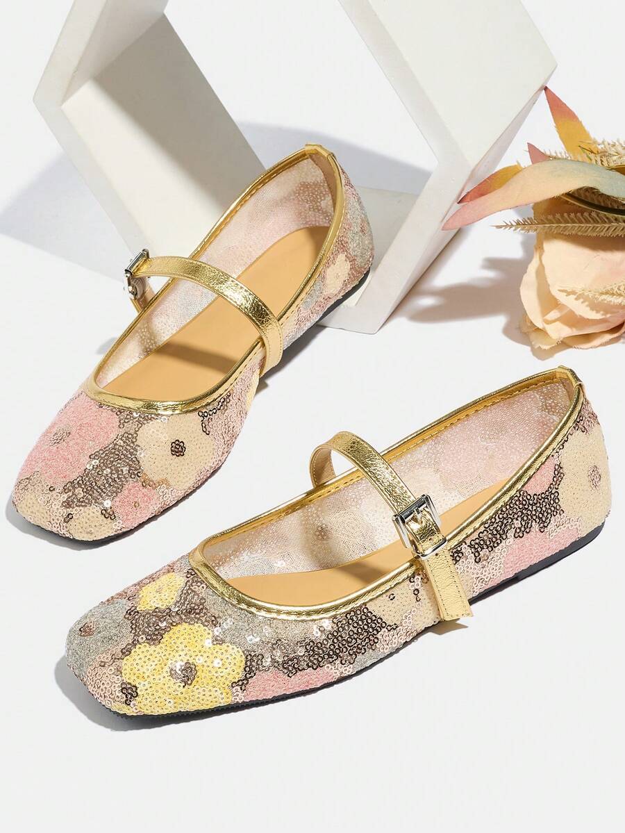 Zapatos Mary Jane planos con lentejuelas y hebilla de oro, de moda y talla grande para mujeres. Diseño floral calado, cómodos para ir al trabajo y de vacaciones. Nuevos para el verano - Dorado - Ver 1
