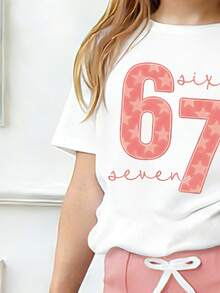 Tween Girls' Numeric Print Short Sleeve T-Shirt And Flare Pants Casual Outfit - White - View 3