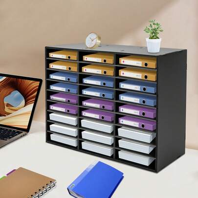 27 Slot Desktop File Organizer, Black Literature Sorter With Removable Dividers, Black Paper Storage Cabinet, 27 Compartments Literature Organizer, Modern Desk File Sorter For Mail, Magazines, Craft Supplies, School & Office, Sleek PVC Design, Space-Saving, 110lb Capacity,Large Capacity Paper Storage Cabinet For Home & Office, Mail Sorter, 31.5" Wide, Holds 110 Lbs, Easy Assembly