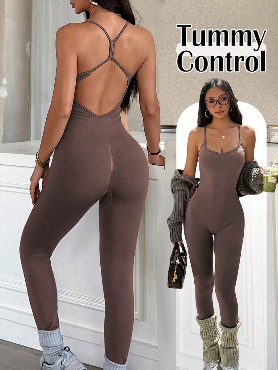 TCVC 女士无缝时尚露背连体裤，交叉肩带设计，防滑支撑，性感运动风，高弹提臀，亲肤面料，适合室内外运动、健身、跑步等，百搭连体裤 - 棕色 - 查看 1