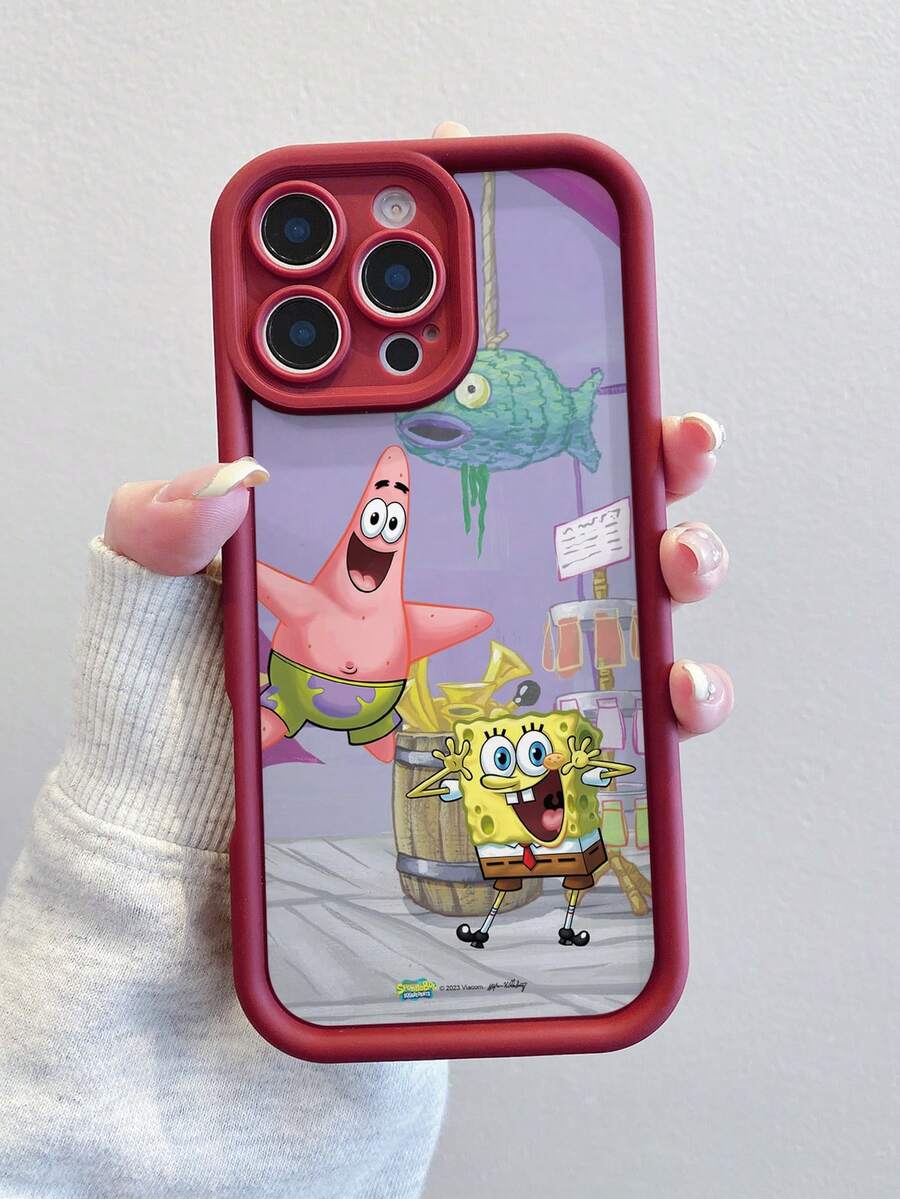 SpongeBob SquarePants 1pc Fashionable Creative SpongeBob & Starfish Painted Pattern Shock-Proof Phone Case Protective Cover Compatible With Apple 17/16/15/14/13/12/11 Pro Max/12 Pro/14 Plus And Other Models - Multicolor - View 1