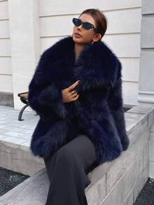 Seelio秋冬新款加厚仿狐狸毛领仿皮草短款外套年轻优雅中长款皮草大衣 - 藏藍 - 查看 2