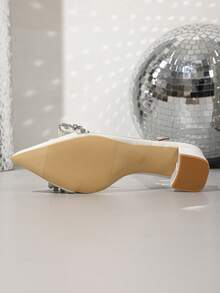 New Fashion Women's Pointed Toe Wedding High Heels, Thick Heel White Rhinestone Bow Casual Comfortable Pumps