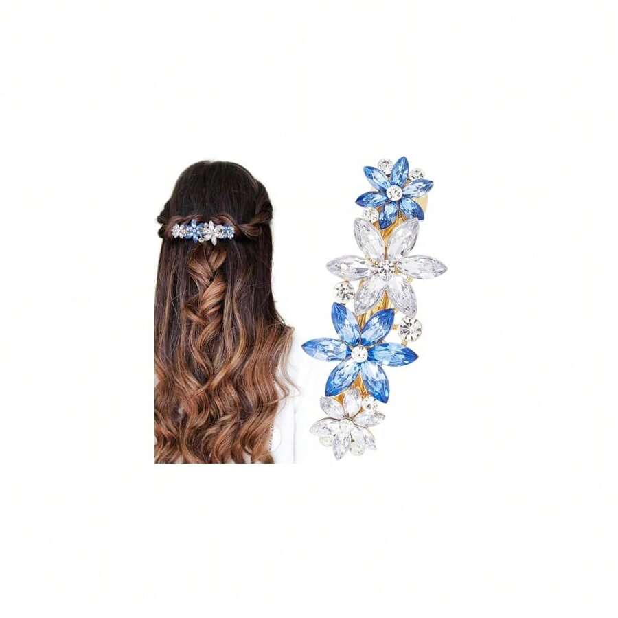 Crystal Rhinestone Hair Clip Blue Clear Flower Wedding Barrettes Prom Engagement Dressy Decorative Fancy Accessories For Bride Women Thick Long Hair - Blue Clear - 查看 1