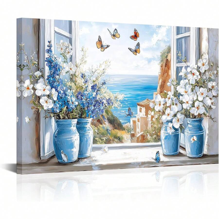 LyerArtork Arte de pared en lienzo con vista de flores costeras, pintura al óleo de mar azul con flores y mariposas, impresiones de paisaje marino rústico para decoración de pared en baño y dormitorio x pulgadas - transparente - Ver 1