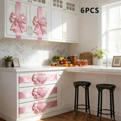 6Pcs Cabinet Ribbon Bows, Pink Plush Love Heart Ribbon For Cabinet Home Holiday Party Decor