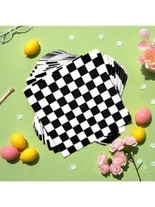 25 piezas/50 piezas/75 piezas Servilletas de papel desechables con tema de carreras a cuadros blanco y negro, adecuadas para: fiesta de té, decoración de fiesta de cumpleaños, suministros para fiestas, decoración festiva - Blanco y Negro - Ver 3