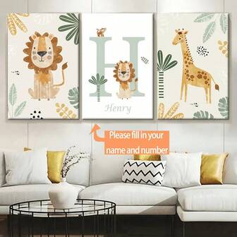 3 Stück personalisierte Baby Name Poster, Dschungel Tiere Löwe Zebra Elefant Giraffe Ölgemälde, geeignet für Schlafzimmer Wanddekoration, Kindergarten Dekoration, ideales Geschenk zum Valentinstag, wasserfest, schimmelresistent, modisch, süß, hochwertig personalisiert, einzigartig, ideales Geschenk für Freund, Freundin, Vater, Mutter, Familie, Freunde, Sohn, Tochter, Studenten, Kinder zu Jahrestag, Geburtstag, Schule, Büro, Zuhause, Abschlussfeier, Feiertags Kalender