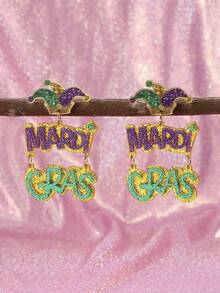 1 đôi mũ vương miện lấp lánh có chữ "MARDI GRAS", bông tai hình giọt nước hai lớp bằng acrylic thủ công, phụ kiện trang sức phù hợp cho phụ nữ/bé gái tham dự lễ diễu hành, tiệc hóa trang và các dịp khác. - Nhiều màu - Xem 1