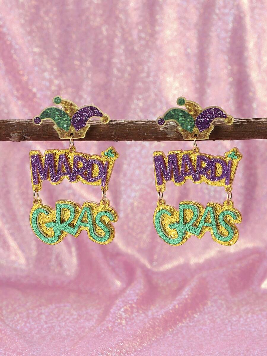 1 đôi mũ vương miện lấp lánh có chữ "MARDI GRAS", bông tai hình giọt nước hai lớp bằng acrylic thủ công, phụ kiện trang sức phù hợp cho phụ nữ/bé gái tham dự lễ diễu hành, tiệc hóa trang và các dịp khác. - Nhiều màu - Xem 1