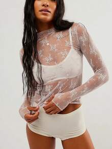Women's Sheer Lace Mesh Top, Fashionable Slim Fit Long Sleeve Faux Collar Floral Blouse, Casual Outing T-Shirt - 白色 - 查看 1