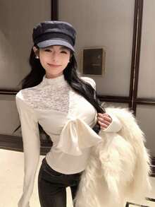 Cute Girl Bowknot Lace Patchwork Long Sleeve Top, 2026 Women's Spring New Sexy Slim Fit Waist Turtleneck Undershirt - Milky White - View 4