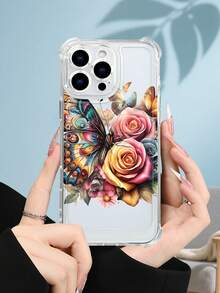 1PC Funda transparente con diseño de mariposas coloridas y rosas, estilo artístico natural y minimalista, protección contra caídas, ideal para mujeres y amantes de la naturaleza, regalo perfecto para fiestas : funda transparente resistente a golpes, compatible con Apple Phone17/16/15/14/13/12/11/XS/XR/X/PLUS/PRO/PROMAX, agarre cómodo, regalo ideal para amigos, novia, novio, familia - transparente - Ver 2