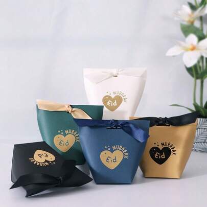 10pcs Eid Mubarak Gift Box Ramadan Festival Decoration Containers With Heart & Eid Lettering For Ramadan Gift Box With Ribbon Bow Muslim Holiday Party Favor Packaging Box