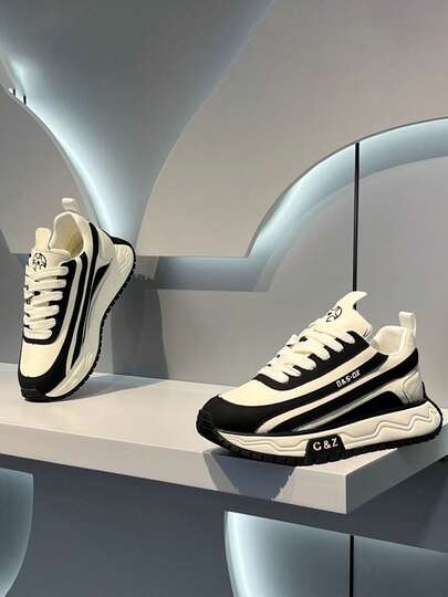 bingyuanjing Men's Fashion Lace-Up Thick Sole Sneakers, High Elasticity & Comfort, Non-Slip Casual Shoes Suitable For Daily And Outdoor Activities, Minimalist Style Versatile Men's Shoes