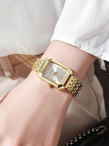 奢华时尚青少年腕表手链套装，金色表带，优雅表盘设计，石英腕表搭配金色心形装饰手链，方形表壳，情侣腕表，送给她的最佳生日礼物，适合日常佩戴、派对、返校季、情人节等场合。 - 金色 - 查看 3