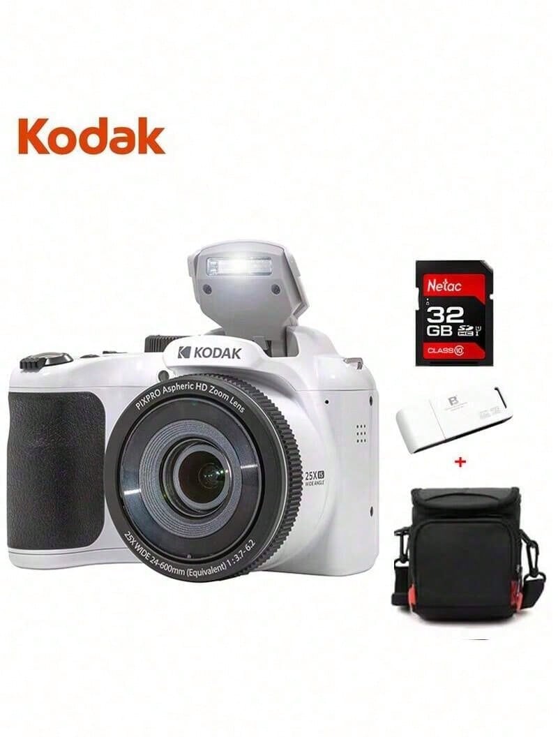 Kodak AZ255 Long-Zoom Camera: 16.35MP CMOS Sensor, 3-Inch Screen, 25x Optical Zoom, Optical Image Stabilization, 24mm Wide-Angle Lens, HD Video Recording - White Suit - View 1