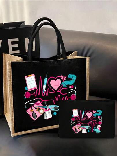 1 Set de bolso y bolsa de cosméticos con tema de enfermera, bolso impreso con patrones de estetoscopio, corazón, jeringa y vendaje, bolso de tela duradera con correa de hombro ajustable, bolso casual de gran capacidad para compras, playa y viajes, bolsa de cosméticos a juego, regalo práctico para el Día de la Enfermera, adecuado para uso diario