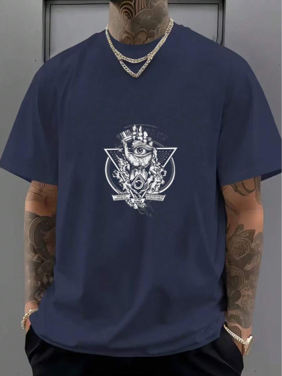 Must-Have White Cotton T-Shirt With Mysterious Triangular Pattern - 藏蓝色 - View 1