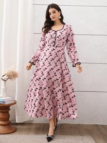 Solessence Butterfly Print Color Block Button Front Dress, Suitable For Home, Wedding, Formal Occasions, And Daily Wear - Pink - View 3