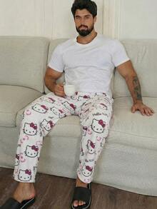 1pc Men's Casual Black Bottom Hello Kitty Pajama Pants, Sanrio Straight Leg Anime Cosplay, Autumn/Winter