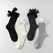 1双日式甜美蕾丝边饰长袜，蝴蝶结系带纯色芭蕾长袜，女士款 - 彩色 - 查看 10